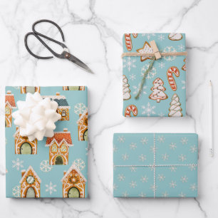Blue Christmas Gingerbread Cookies Snowflakes Wrapping Paper Sheets