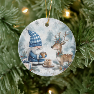 Blue Christmas Gnome Ceramic Ornament