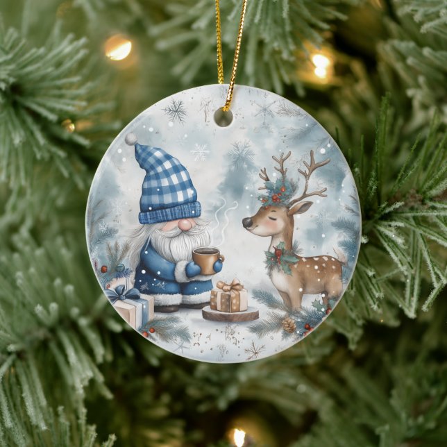 Blue Christmas Gnome  Ceramic Ornament (Tree)