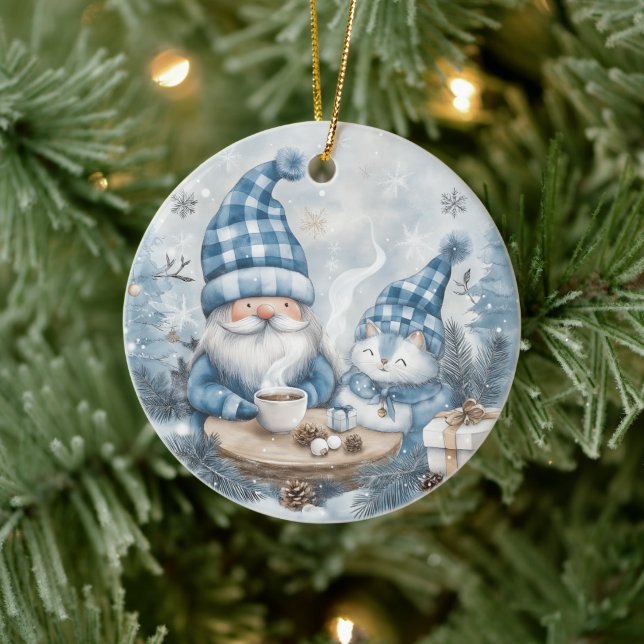 Blue Christmas Gnome  Ceramic Ornament (Tree)