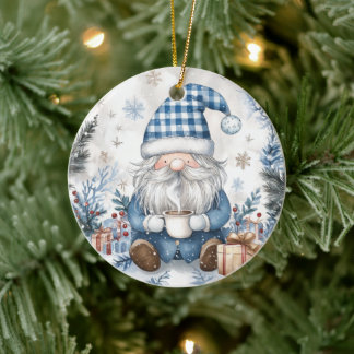 Blue Christmas Gnome Ceramic Ornament