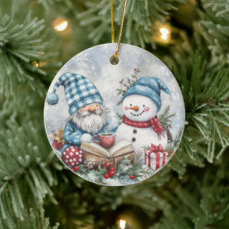 Blue Christmas Gnome Ceramic Ornament