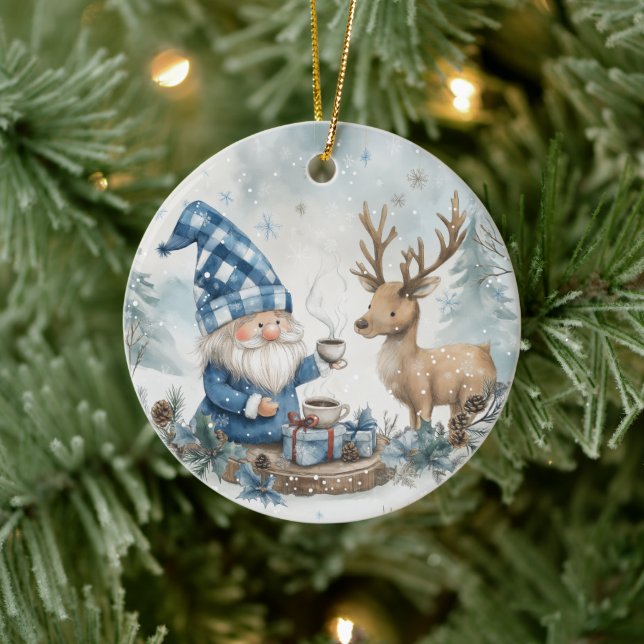 Blue Christmas Gnome  Ceramic Ornament (Tree)