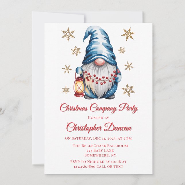 Blue Christmas Gnome Company Party Invitation (Front)