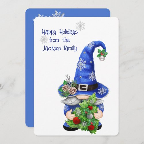 Blue Christmas Gnome  Holiday Card