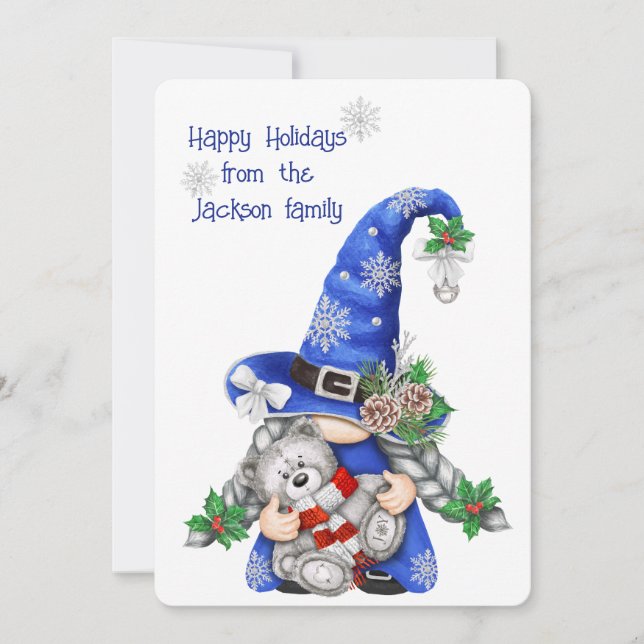 Blue Christmas Gnome Holiday Card (Front)