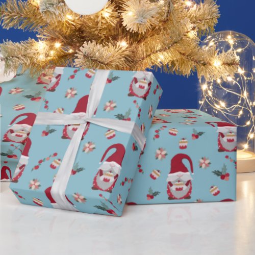 Blue Christmas Gnome with Cake Wrapping Paper