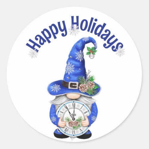 Blue Christmas Gnome with Clock Classic Round Sticker