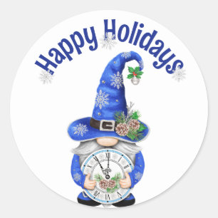 Blue Christmas Gnome with Clock Classic Round Sticker