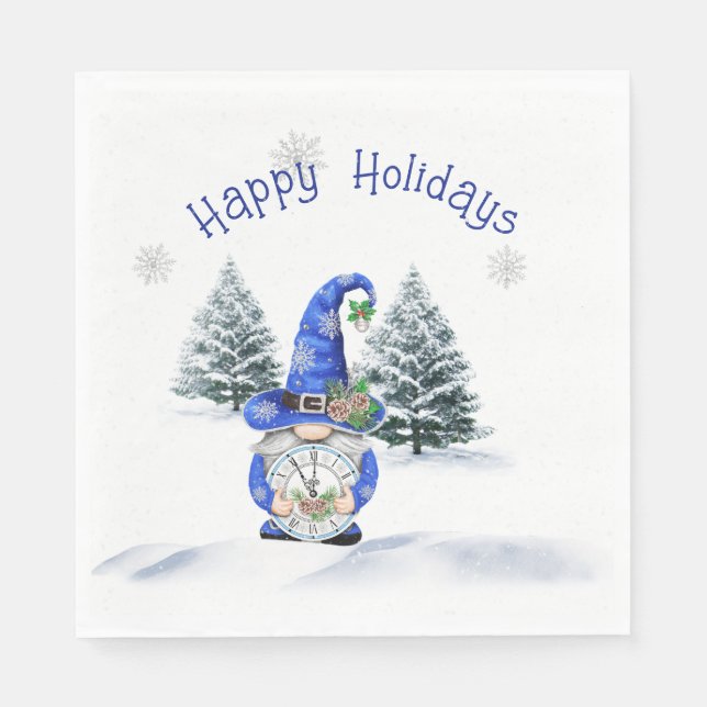 Blue Christmas Gnome with Clock  Napkins (Front)