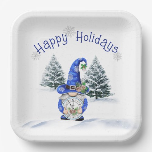 Blue Christmas Gnome with Clock Paper Plates