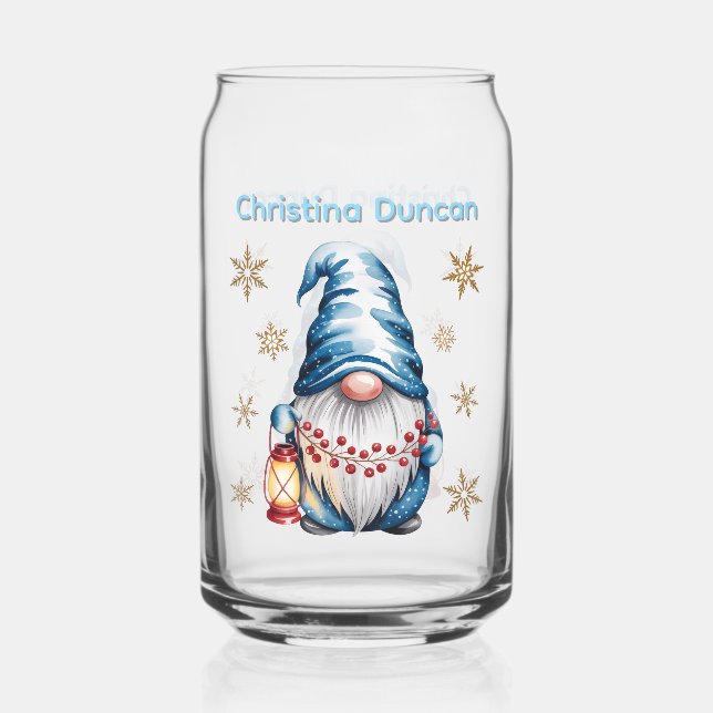Blue Christmas Gnome with Red Lantern Berries Can Glass (Front)