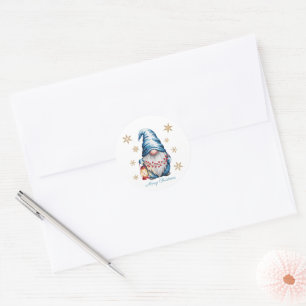Blue Christmas Gnome with Red Lantern Berries Classic Round Sticker