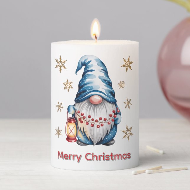 Blue Christmas Gnome with Red Lantern Berries Pillar Candle (In Situ)