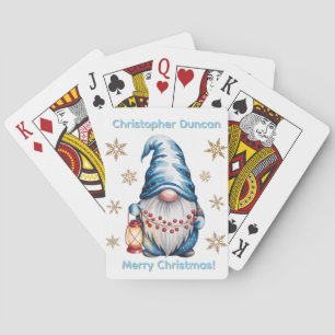 Blue Christmas Gnome with Red Lantern Berries Poker Cards