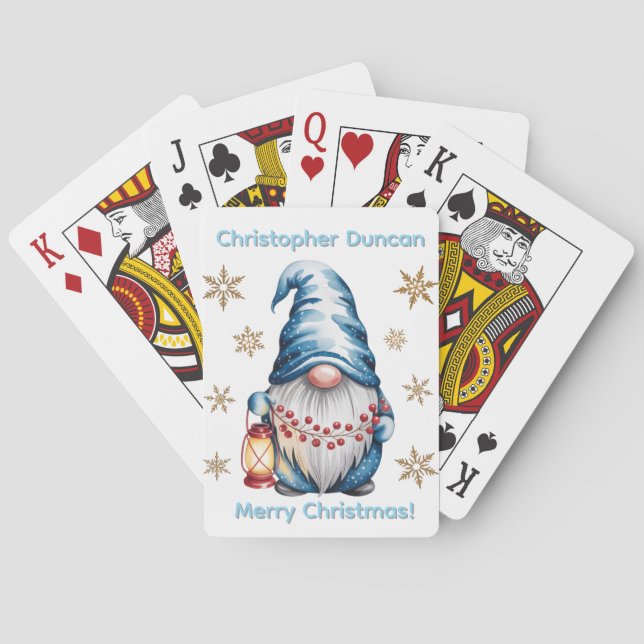 Blue Christmas Gnome with Red Lantern Berries Poker Cards (Back)