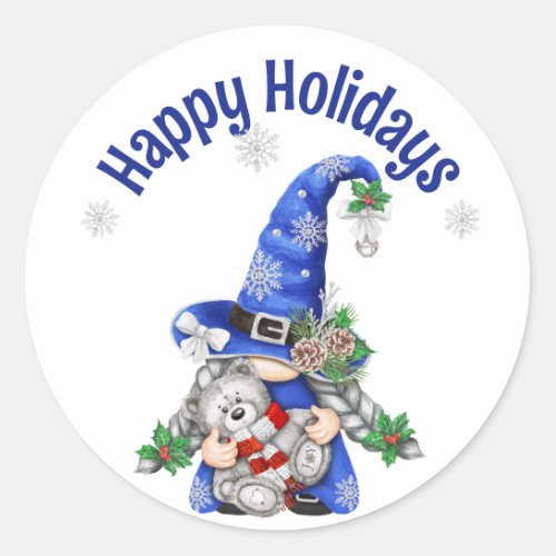 Blue Christmas Gnome with Teddy Bear Classic Round Sticker