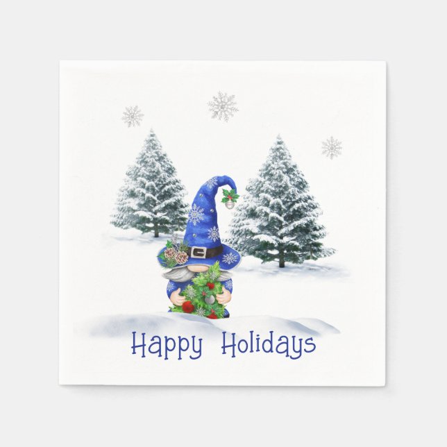 Blue Christmas Gnome with Tree Napkins (Front)