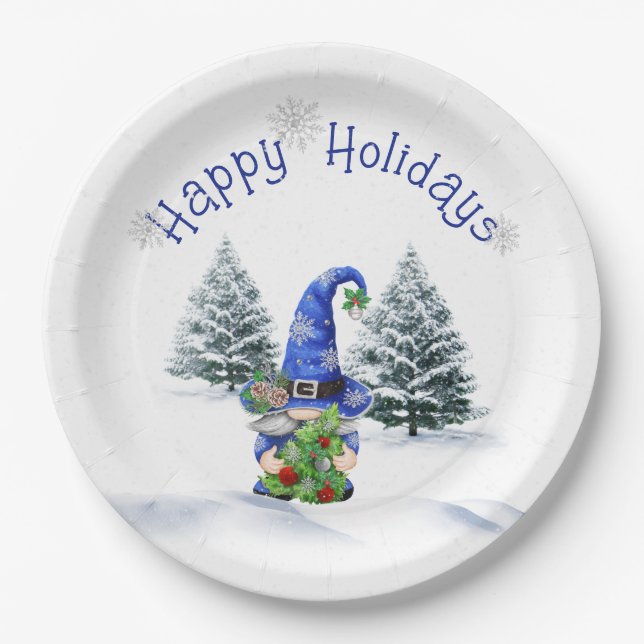 Blue Christmas Gnome with Tree  Paper Plates (Front)