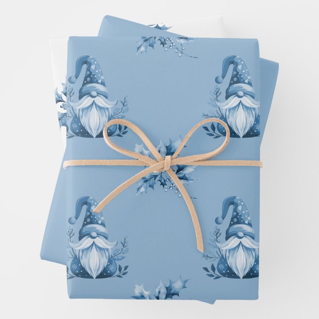 Blue Christmas Gnomes Wrapping Paper Sheets (In situ)