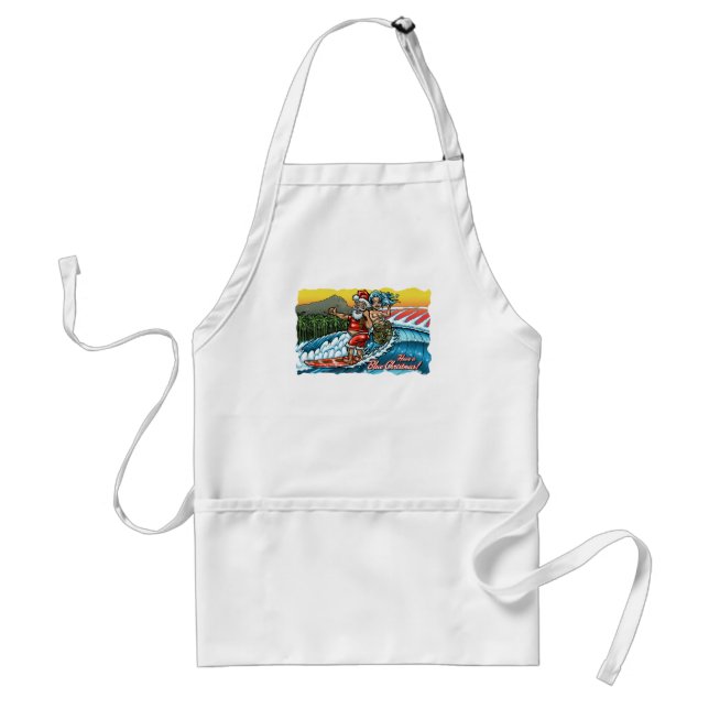 Blue Christmas Hawaiian Surfing Santa Illustration Adult Apron (Front)