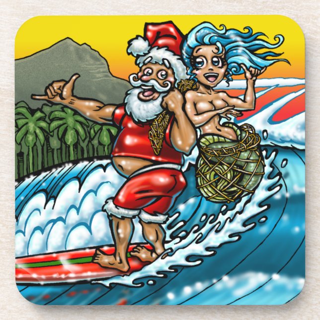 Blue Christmas Hawaiian Surfing Santa Illustration Beverage Coaster (Front)