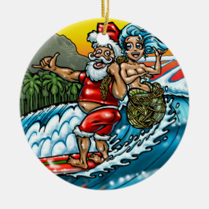 Blue Christmas Hawaiian Surfing Santa Illustration Ceramic Ornament