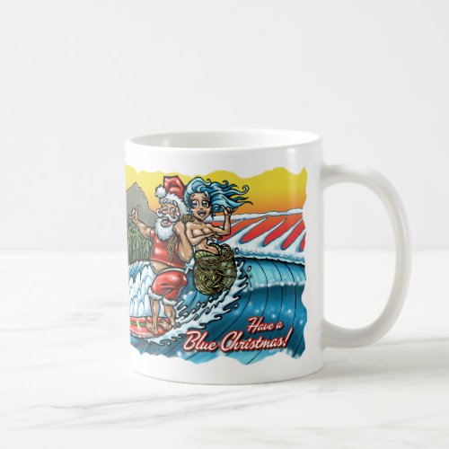 Blue Christmas Hawaiian Surfing Santa Illustration Coffee Mug