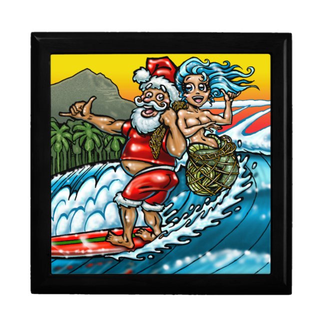 Blue Christmas Hawaiian Surfing Santa Illustration Keepsake Box (Front)