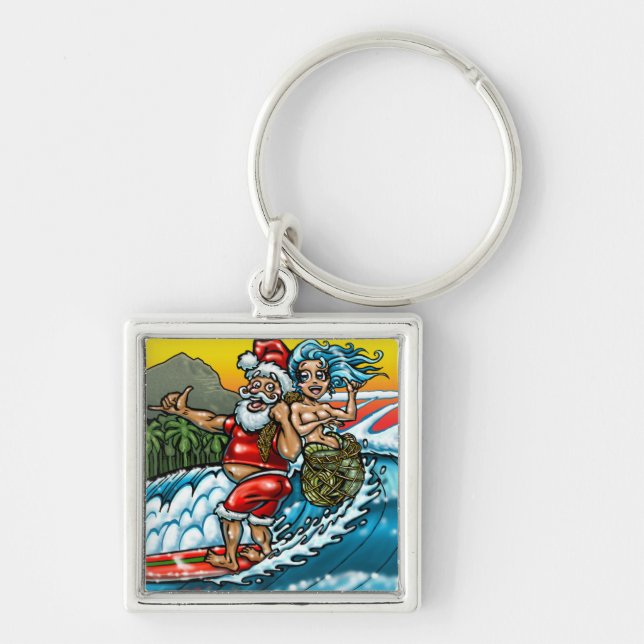 Blue Christmas Hawaiian Surfing Santa Illustration Keychain (Front)