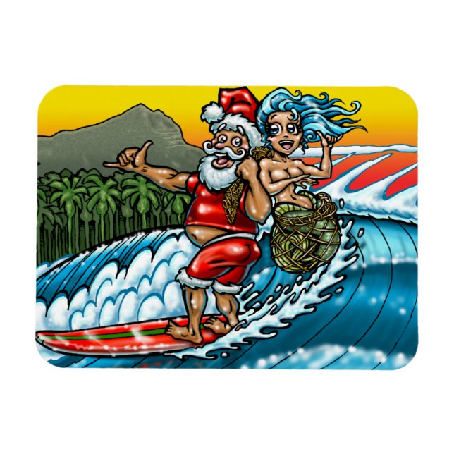 Blue Christmas Hawaiian Surfing Santa Illustration Magnet (Horizontal)