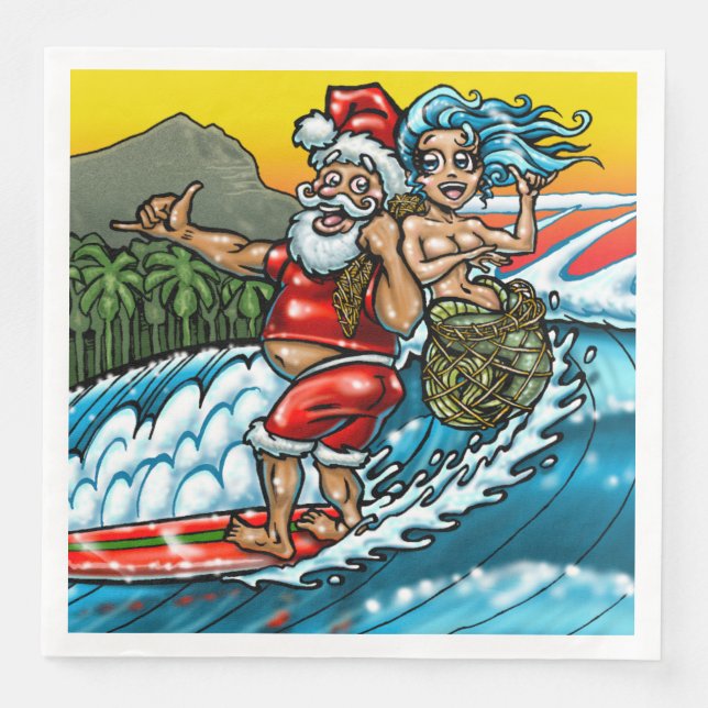 Blue Christmas Hawaiian Surfing Santa Illustration Paper Dinner Napkins (Front)