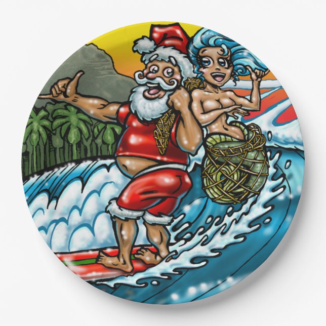 Blue Christmas Hawaiian Surfing Santa Illustration Paper Plates (Front)