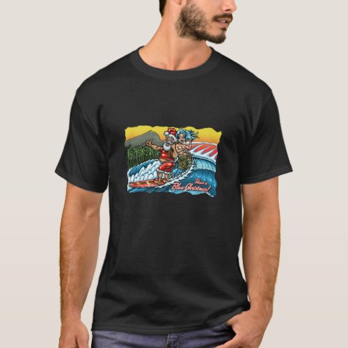 Blue Christmas Hawaiian Surfing Santa Illustration T_Shirt