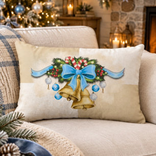 Blue Christmas Holiday Bells and Ornaments Lumbar Pillow