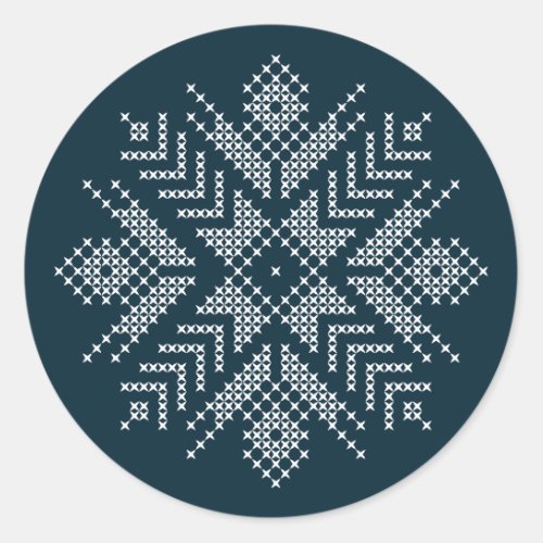 Blue christmas holiday cross stitch snowflake classic round sticker