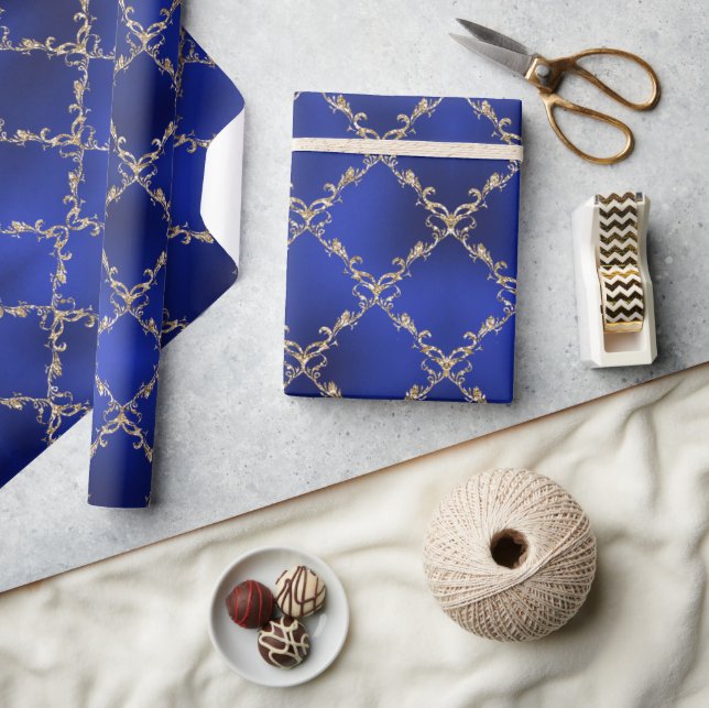 Blue Christmas Holiday Gold Glitter Damask Gift Wrapping Paper (Crafts)