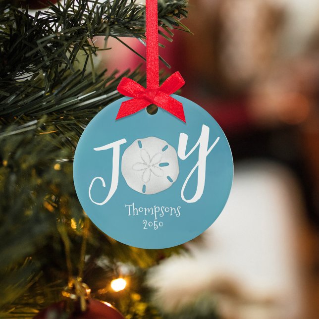 Blue Christmas Holiday Joy Photo Beach Sand Dollar Ceramic Ornament (Simple Joy Typography sand dollar turquoise blue Christmas Photo Ornament. )