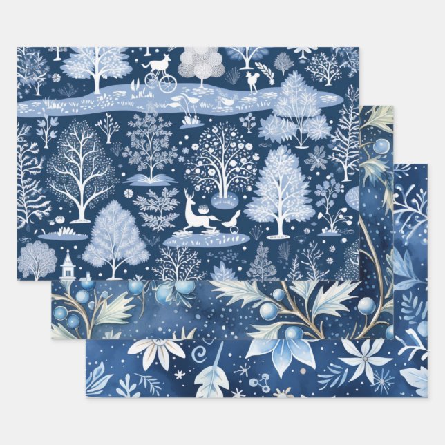 Blue Christmas Holiday Nature Woodland Winter  Wrapping Paper Sheets (Set)