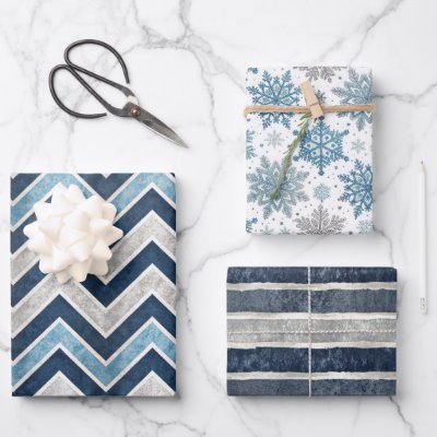 Blue Christmas Holiday Pattern Wrapping Paper Sheets