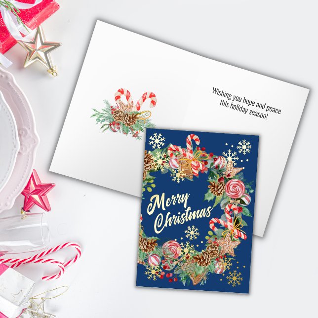 Blue Christmas Holiday Wreath Foil Greeting Card (Creator Uploaded)