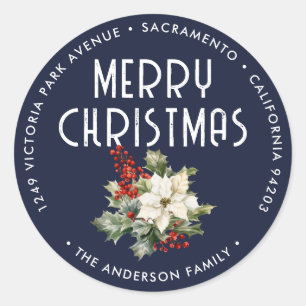 Blue Christmas Holly Berries Return Address Classic Round Sticker