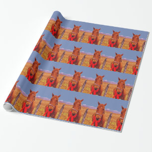 Blue :Christmas Horse with red bow & stocking Wrapping Paper