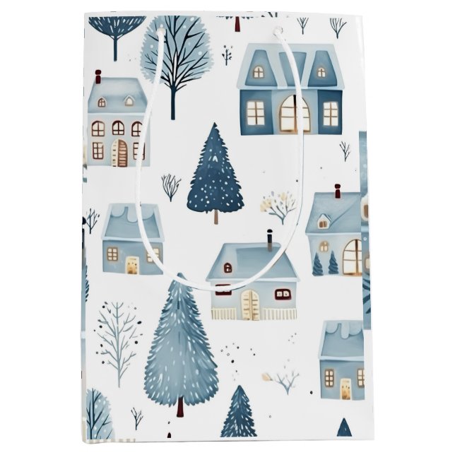 Blue Christmas House and Trees Medium Gift Bag (Front)