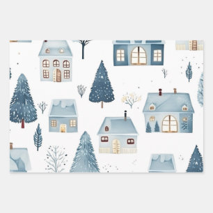 Blue Christmas House and Trees Wrapping Paper Sheets