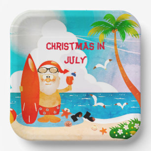 Blue Christmas In July Santa Claus Summer Beach Paper Plates