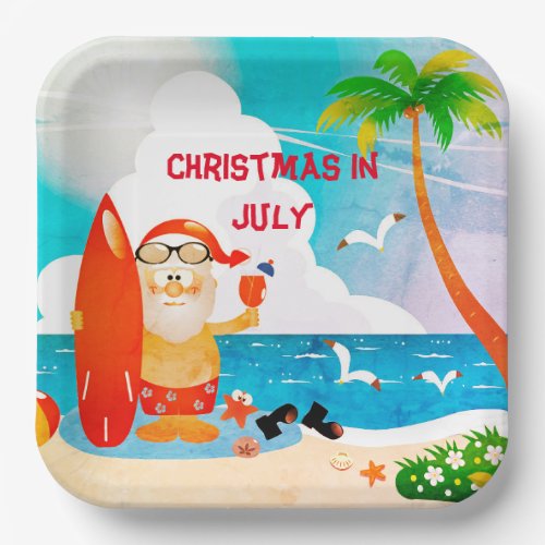 Blue Christmas In July  Santa Claus Summer Beach  Paper Plates