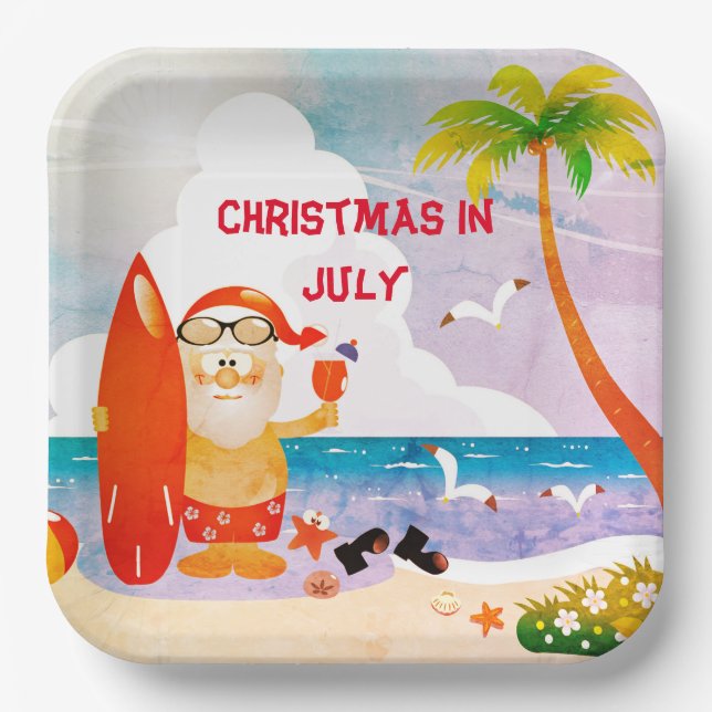 Blue Christmas In July  Santa Claus Summer Beach  Paper Plates (Front)