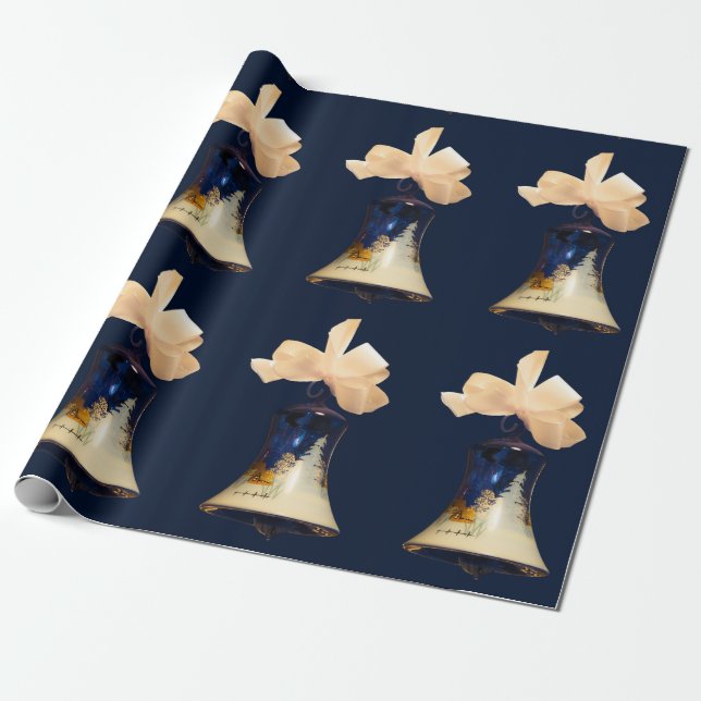 Blue Christmas Jingle Bells Wrapping Paper (Unrolled)