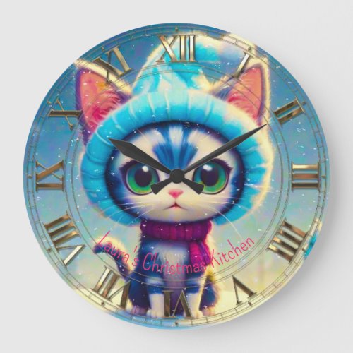 Blue Christmas Kitty Large Clock